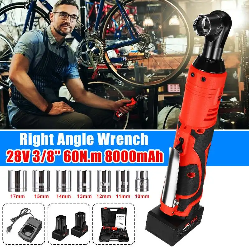  28V Electric Cordless 3/8'' 60N.m Rechargeable Ratchet 90° Right Angle Wrench Set Portable Electric