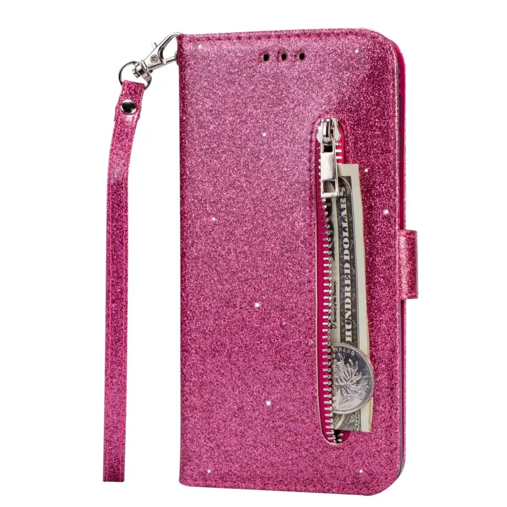 For Huawei Y7 Y6 Prime P Smart Plus 2019 Honor 8A Pro 9N 9i Luxury Glitter Leather Zipper Storage Bag Wallet Phone Case Cover