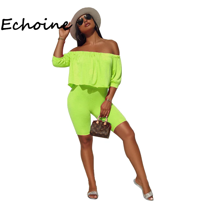 

Echoine Plus Size S-3XL Fashion 2 Piece Set Women Slash Neck Off Shoulder Crop Top + Pants Solid Color Women Tracksuit 3 Color