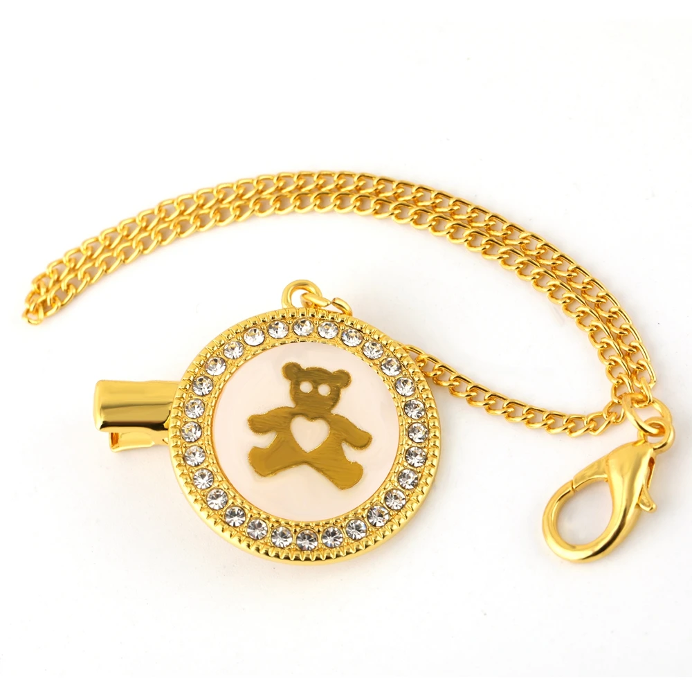 Handmade Baby Boys Girls High Class Golded Pacifier Clip Chain Safe Pacifier Holder Bling Bling Metal Chain