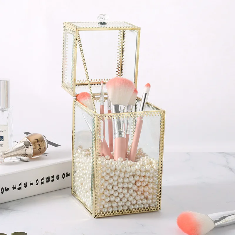 Geometric Glass Makeup Brush Box Holder Jewelry Box Pencil Bucket Makeup Organizer Desktop Cosmetic Storage Box Pearls Barrel - Цвет: 03 Rectangle