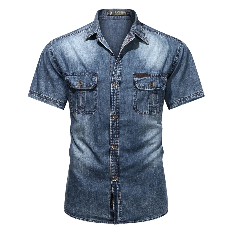 Camisa de manga corta de vaquero liso para hombre, camisa clásica Retro de bolsillo de tela vaquera, de negocios, Tops informales de verano