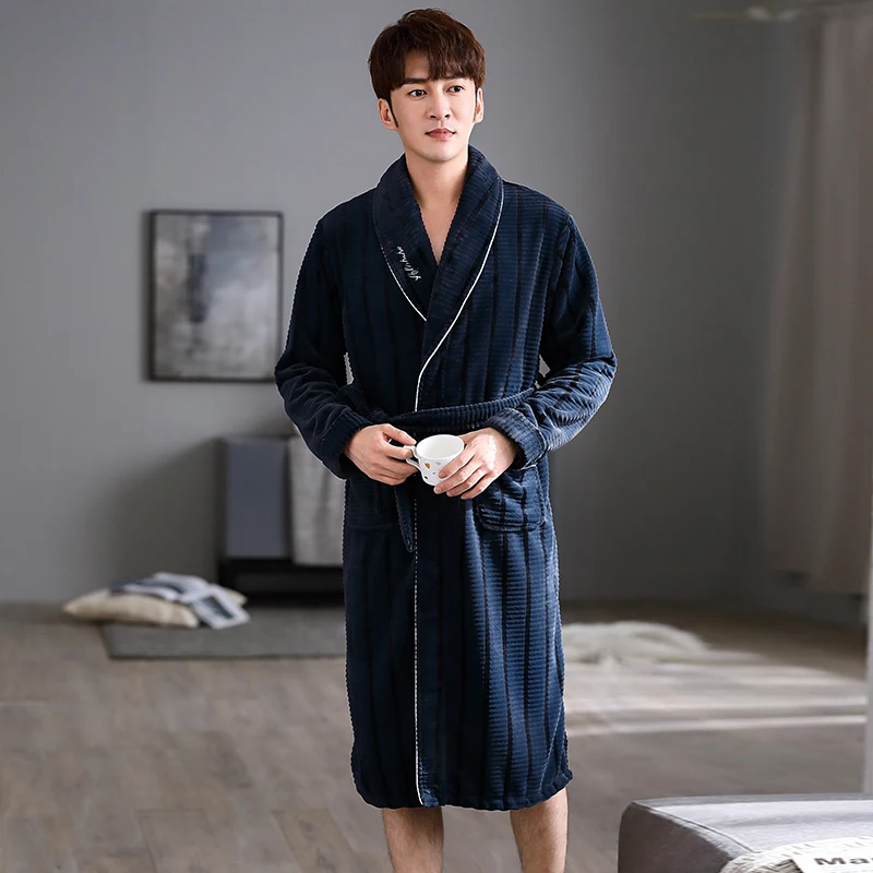 

Flannel Men Nightwear Winter Coral Fleece Gown Sleepwear Home Clothing Thick Bathrobe Belt Pocket Nightgown