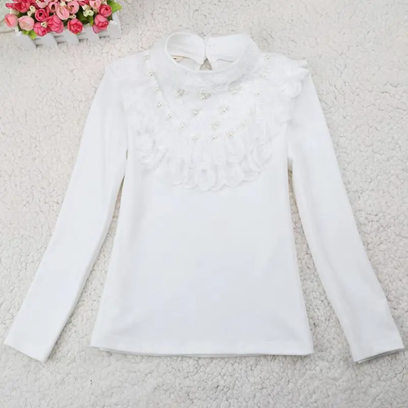 

Spring Fall Winter Girls Blouse Shirts Baby Toddler Teen School Girl Tops Lace Pearls Long Sleeve Kids Shirt Children Clothes