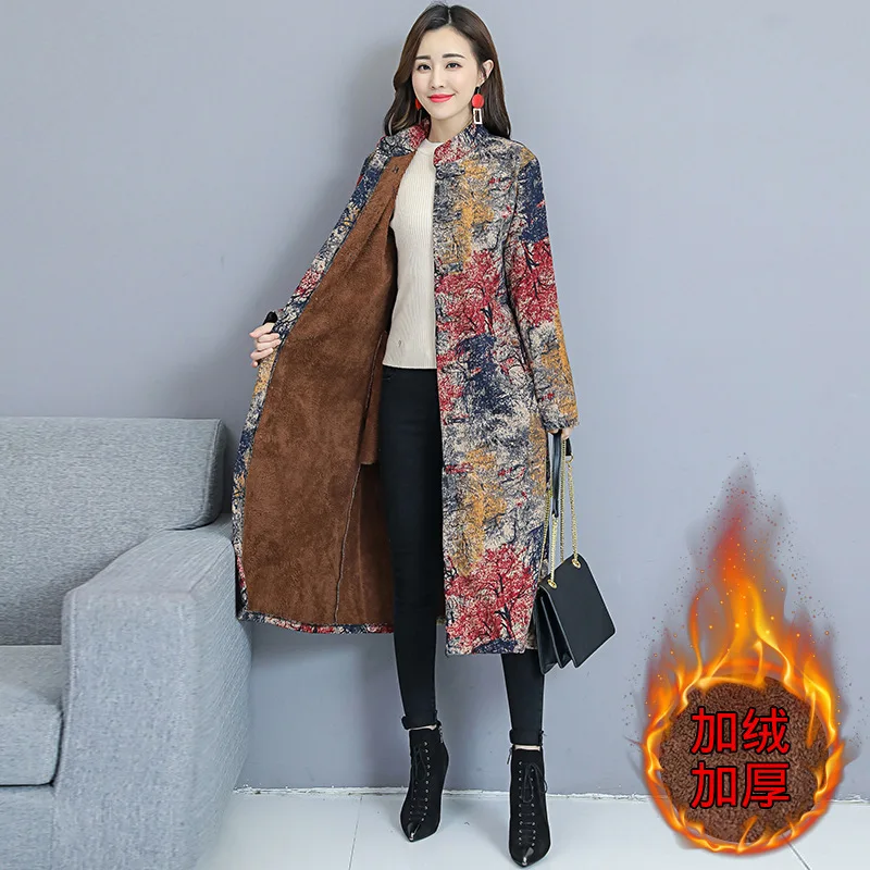 

2019 Winter Style Ethnic-Style Retro Literature And Art Frog Printed Coat Fat Mm Slimming Stand Collar Mid-length WOMEN'S Dress