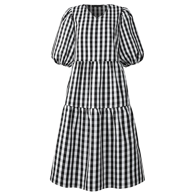Stylish Summer Check Mid-Calf Dress ZANZEA Womens Puff Sleeve Sundress Vestidos Female V neck Casual Robe Femme Plus Size 5XL 7