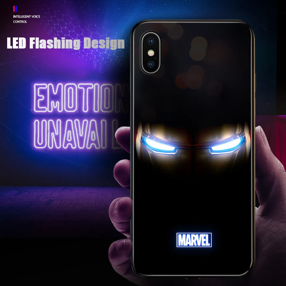 For iPhone XS Max XR 11 Pro Cases LED Flashing Marvel Avengers Ironman Casing Tempered Glass Cover Case For iPhone 6 6S Plus 7 8