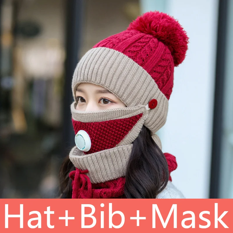 Valve 3pcs Burgundy Толстые Skullies бини Женская Корейская зимняя вязаная шапка теплый толстый бархат джемпер шапка маска для лица нагрудник шерстяной ветрозащитный шарф для улицы - Цвет: Valve 3pcs Burgundy