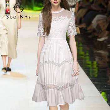 

SEQINYY Pleated Dress 2020 Summer Spring New Fashion Design Women Short Sleeve Embroidery Flowers Lace Hollow out Runway Dress