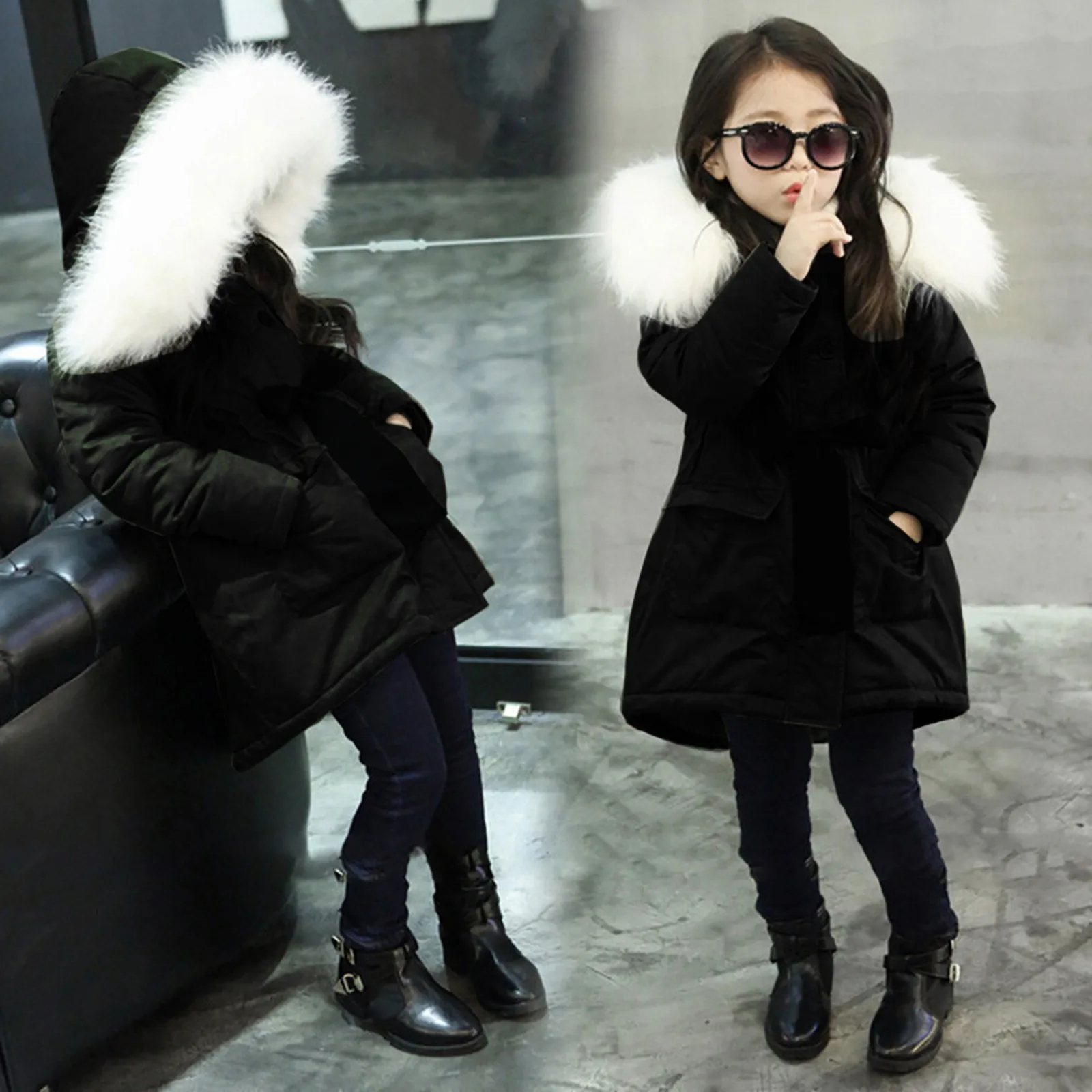 Baby Girl Fur Hooded Tops Jacket Padded Coat Kids Long Thick Warm Jacket Parkas 