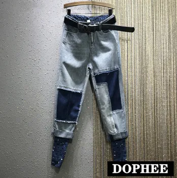

Harajuku Jeans Women Spring Autumn New Personality Color Block High-Waist Harem Trousers Female Loose Straight Denim Pants