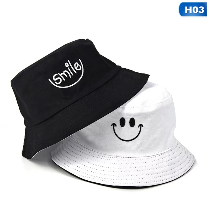 SMILE Bucket Hat Double Sided Bucket Hat Smiling face Unisex Fashion Bob Cap Hip Hop Gorro Men Summer Cap