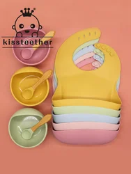 Kissteether Baby Bowl+Spoon+Fork Feeding Food Tableware BPA Free Kids Dishes Baby Eating Dinnerware Set Anti-hot Training Plate