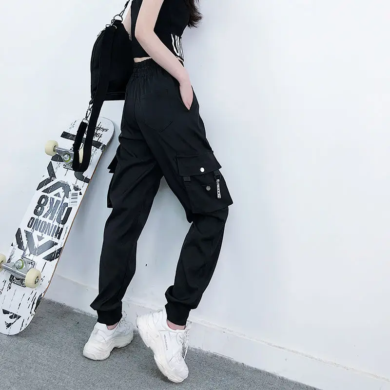 Street Style Chic Hippie Pants Women Streetwear Summer 2021 Black Pockets Zipper Open Hip Hop High Waist Trousers | Женская одежда