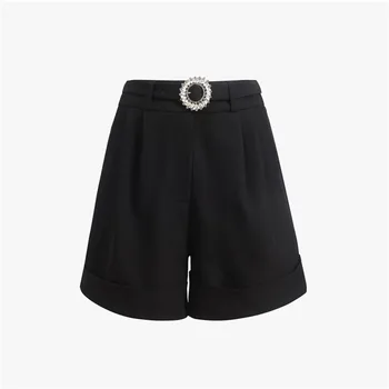 

2020 Summer Autumn Vintage WOmen Diamonds Buckle Black Shorts Ladies High Waist Wide Legs Straight All-match Shorts