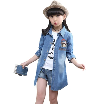 

Girls 4-14Y Button Down Collar Spring Autumn Denim Jeans Cartoon Print Embroidery Coats Fashion Casual Mid-Long Jeans Coats