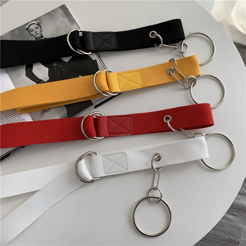 

Men Women Belts Casual Canvas With Chain Ring Double D Ring Buckle Simple Leisure Joker Long Pants Girdle Waistband Harajuku