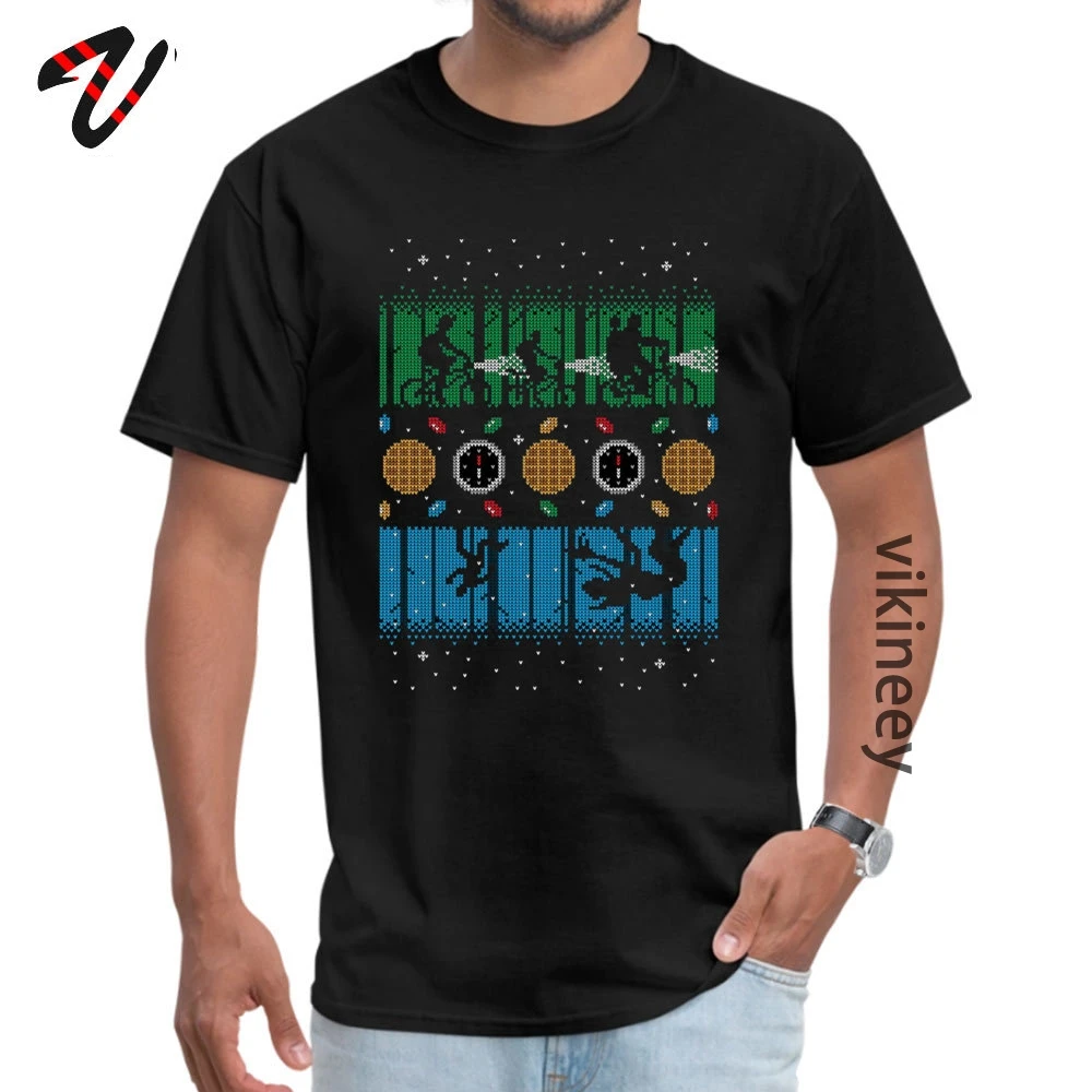 Classic StrangerThingsUpsideDownChristmas Men&amp;#39;s Top T-shirts Company Summer Tops Shirts Crew Neck 100% Cotton T Shirts StrangerThingsUpsideDownChristmas black