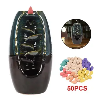 

Ceramic Waterfall Backflow Incense Burner Sleep Meditation Smoke Censer Holder Aromatherapy Furnace with 50pcs Cones Home Decor