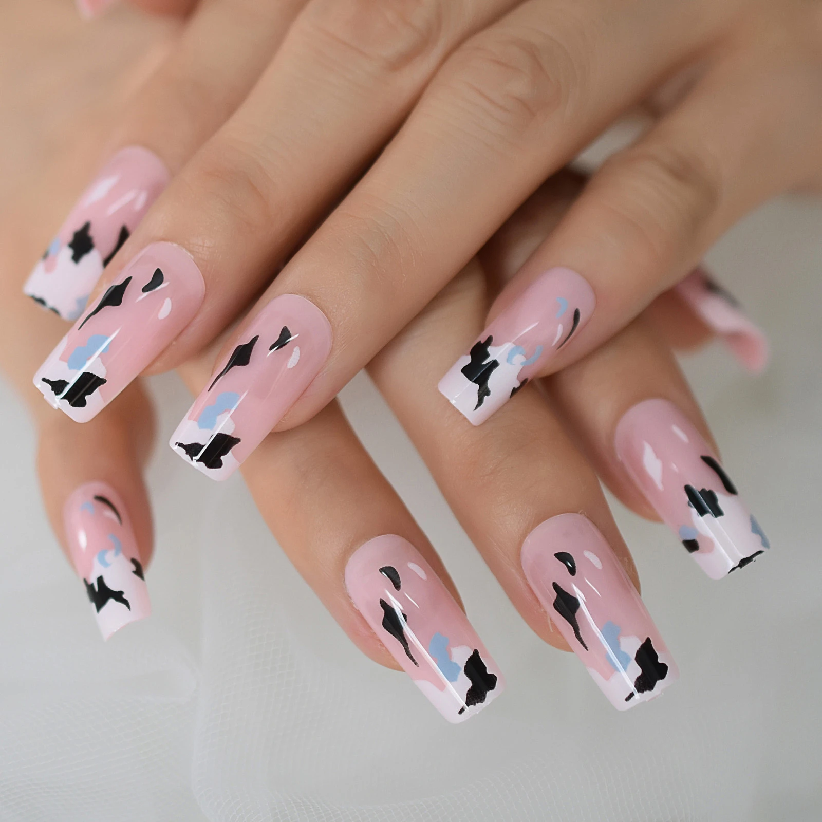 Cow Pattern Press on Nails Long French Fake Nails Art Full Cover Pink False  Nails Tips Design Nails for Women and Girls 24Pcs|False Nails| - AliExpress