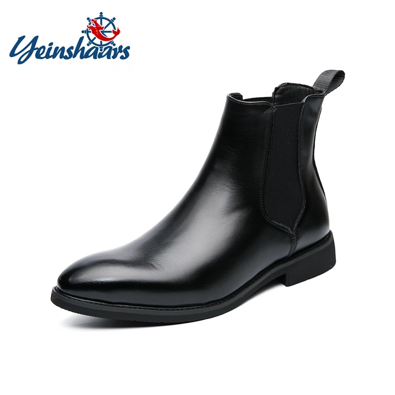 YEINSHAARS Men Wedding Gentleman High Quality Leather Shoes Mens Boots Chelsea Fashion Shoes For Men Keep Warm Brown Black Boots