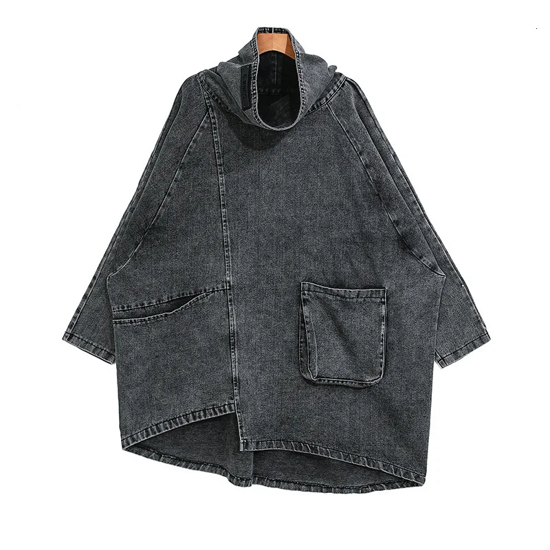 QING MO Winter Women Denim Sweatshirt Women Irregular Sweatshirt Turtleneck Top Female Casual Loose Sweatshirt ZQY2026