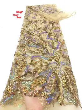 

New Arrival African Sequins Lace Fabrics High Quality Nigerian Gold Tulle Mesh Lace Fabrics For Wedding Dress