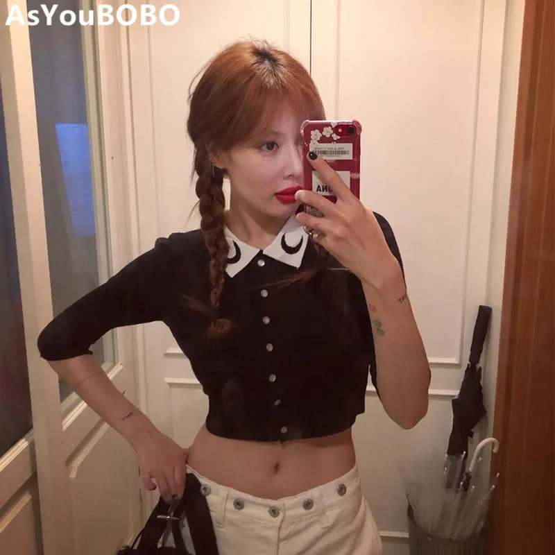 Винтажный облегающий Топ Harajuku в Корейском стиле милый ТРИКОТАЖНЫЙ УКОРОЧЕННЫЙ