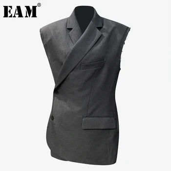 

[EAM] Women Loose Fit Gray Asymmetrical Burr Big Size Long Vest New Lapel Sleeveless Fashion Tide Spring Autumn 2020 1T326