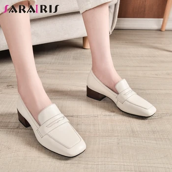 

SARAIRIS New Female Office Genuine Leather Shoes Woman Med Chunky Heels OL Pumps Women 2020 Trendy Square Toe Dress Pumps