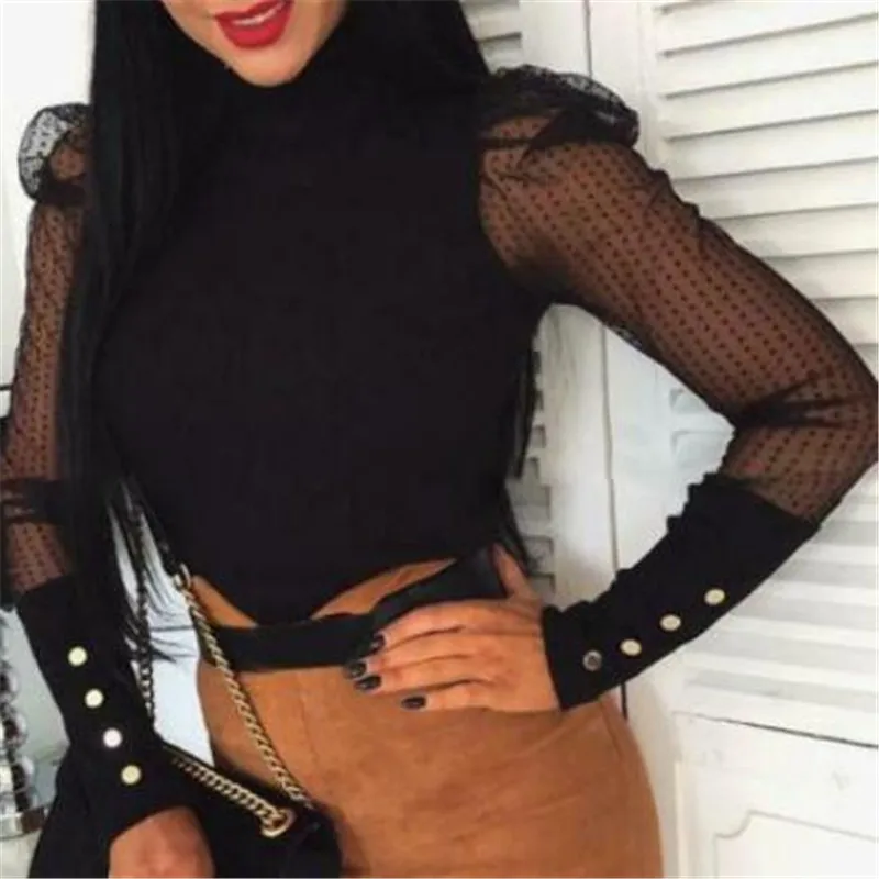 

Women's Mesh Puff Long Sleeves Shirt Spring Loose Casual Polka Dot Ribbed Knitted Blouse Elegant Turtleneck Party Clubwear Tops
