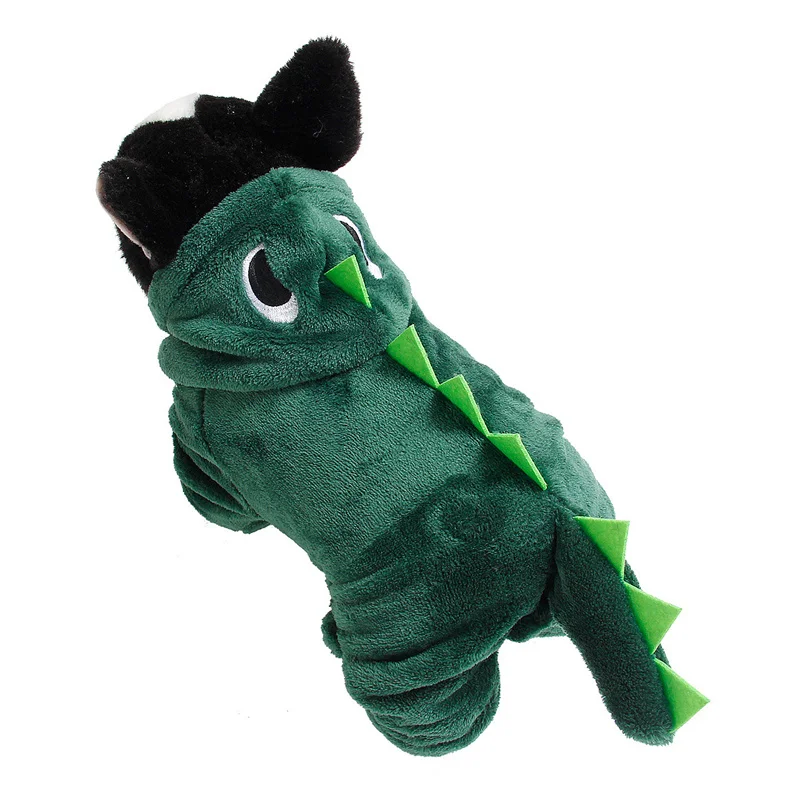 Pet Outfit Dinosaur Costume with Hood for Small Dogs Cats Jumpsuit Winter Coat Warm Clothes PI669 - Цвет: dark green
