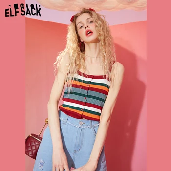 

ELFSACK Green Colorblock Striped Strappy Knit Sling Women Tank 2020 Spring New Red Button Line Sleeveless Sexy Ladies Camis Tops