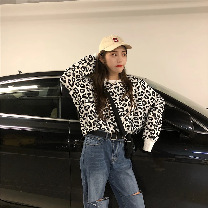 Корейская мода, Леопардовый принт, Повседневная Женская толстовка ulzzang Harajuku, свободная уличная толстовка с капюшоном и круглым вырезом, новая осенняя Женская толстовка