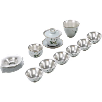 

Gift household handmade Ru kiln teapot with lid ceramic silver kung fu tea set silver tea cup gift set