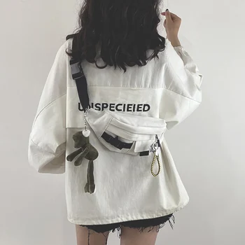 

Harajuku Tooling Chest Bag Women Casual Fashion Student Canvas Crotch Running Bag Women Black White Portable Cell Phone Bags