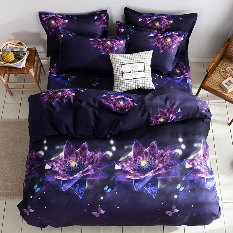 

Fashion Lotus Bedding Set Purple Flower Duvet Cover Pillowcases Single Twin Queen King Size Bed Cover Bedlinen Home Textiles