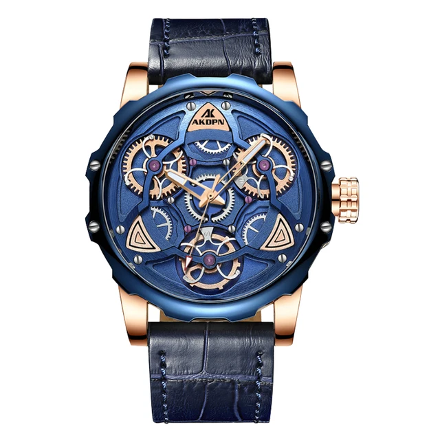 AKDPN Mens Watches Top Brand Luxury Sport style Design Quartz Watch Men Blue Leather Strap 30M Waterproof Relogio Masculino Blue
