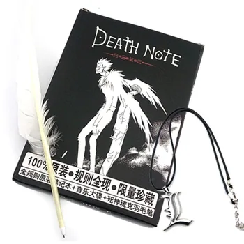 

A5 Anime Death Note Notebook Set Leather Journal and L Necklace Feather Pen Journal Death Note Three-piece set Pad for Gift