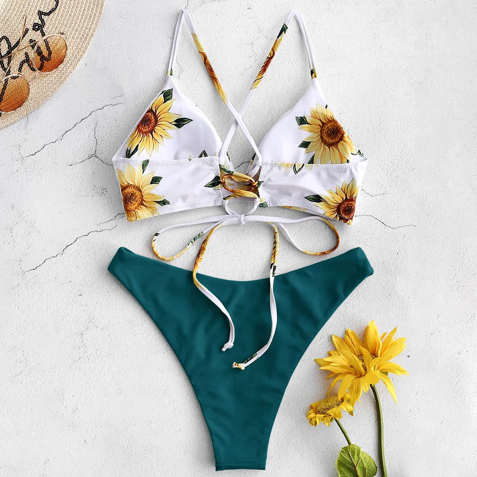 sunflower print lace up back bikini set