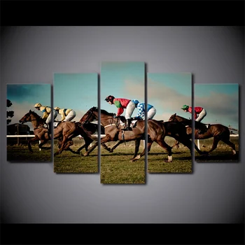 

5 Panel Canvas Art Horse Racing Painting HD Printed Rider Grassland Wall Pictures Modular Painting Home Decor