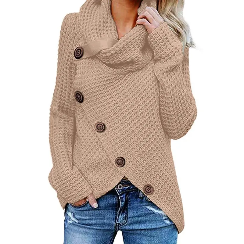 Женский осенне-зимний пуловер с длинным рукавом, топы, водолазка, косая пуговица, вафельный вязаный свитер с неровным подолом, свободный - Цвет: 9