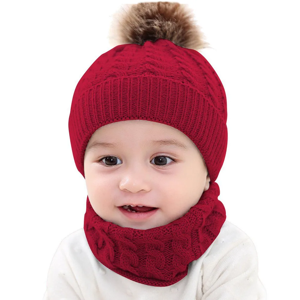 Детская зимняя шапка, Модный комплект из 2 предметов для маленьких девочек и мальчиков, одноцветная шапка, зимняя теплая вязаная шапочка+ шарф, теплый комплект, детская шапка - Цвет: Red