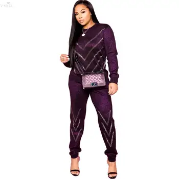 

Tracksuit Women Set O-neck Full Sleeve Hot Drilling Two Piece Set Top And Pants Sexy Night Clubwear 2 Piece Set Women Outfits