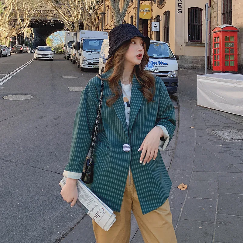 

Young Forest Green Retro Stripes Small Suit Coat Fashion 8151-1827