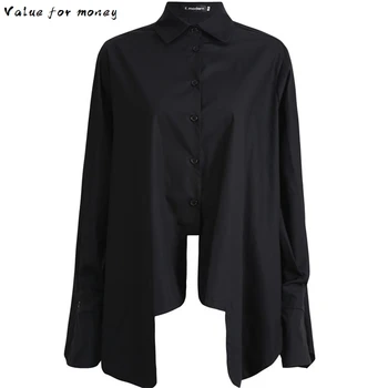 

Women Big Pleated Size Irregular Blouse New Lapel Long Sleeve Loose Fit Shirt Fashion Tide Spring Autumn 2020