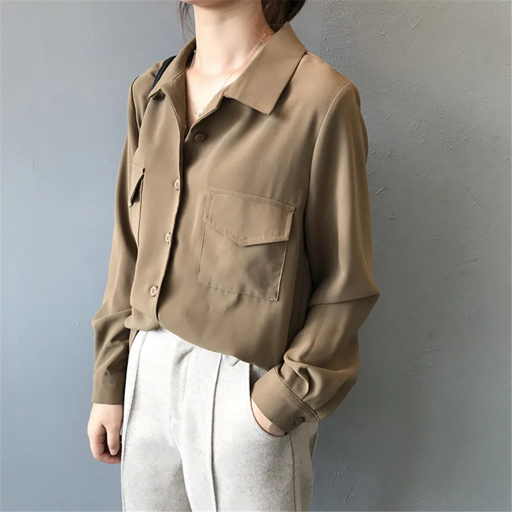 Autumn Solid Women Blouse 2019 Casual Lapel Double Pockets Blouse Shirt Flannel Shirts Female Long Sleeve Tops Y0576 (6)