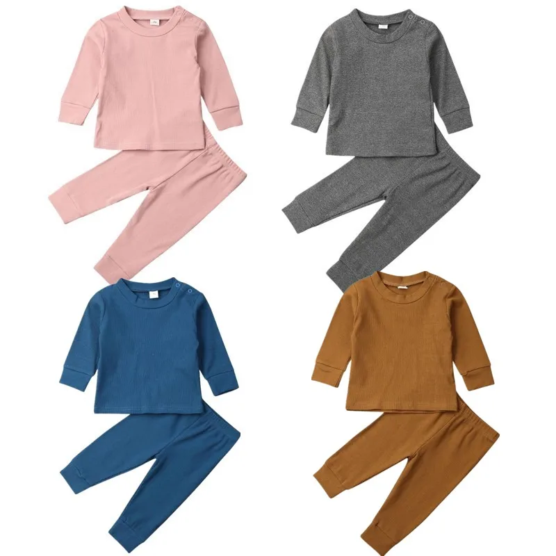 Детская одежда для маленьких мальчиков и девочек трикотажная Однотонная футболка с длинными рукавами топ и штаны комплект из 2 предметов спортивный костюм