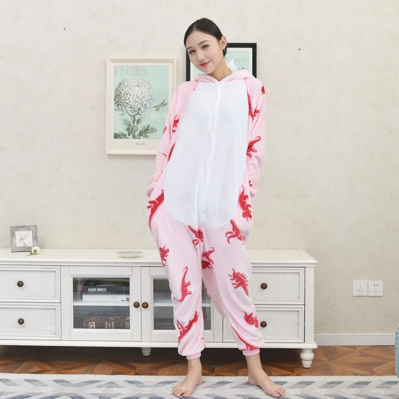 Dinosaur Kigurumis Unisex Pajama Overalls Home Wear Green Pink Animal Onesie Winter Warm Flannel Funny Jumpsuit Adult