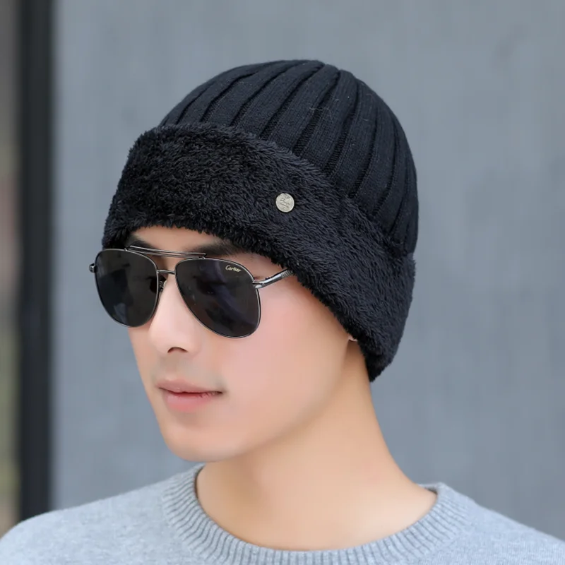 SUOGRY High Quality Winter Hats For Fashion Knitted Hat Scarf Warm Cap Thick Fur Hat Beanie Cashmere Wool Male Beanie - Цвет: Hat black